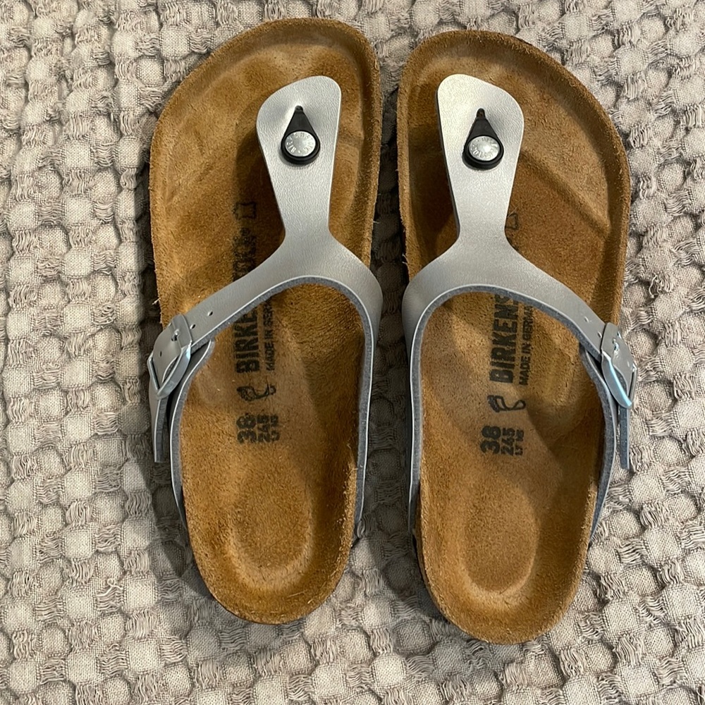 Metallic silver Birkenstock sandals